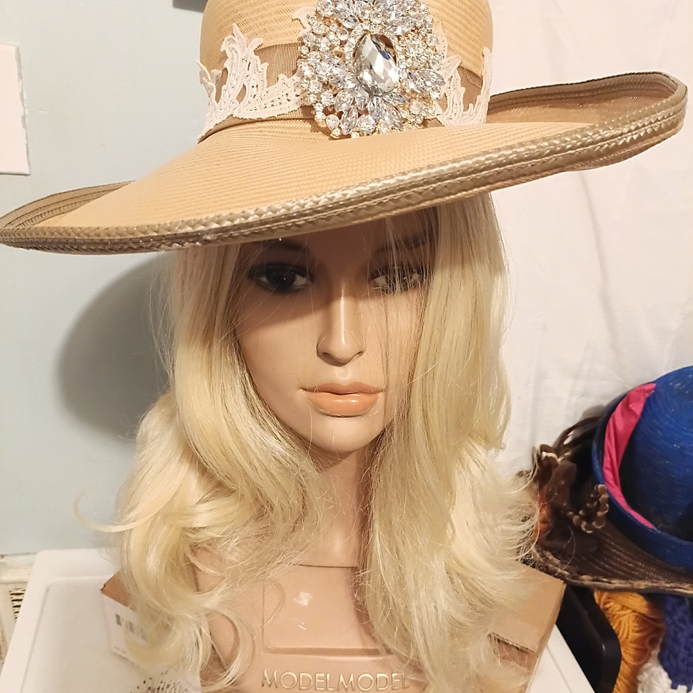 Chic Beige Wide-Brim Hat with Crystal Detail